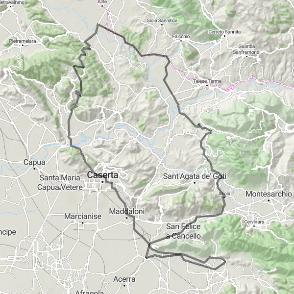Miniatura della mappa di ispirazione al ciclismo "Tour su strada da Polvica a San Felice a Cancello" nella regione di Campania, Italy. Generata da Tarmacs.app, pianificatore di rotte ciclistiche