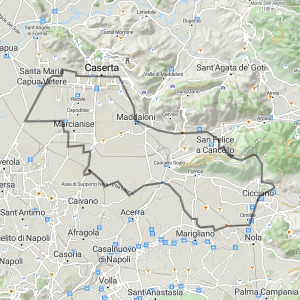 Miniatura della mappa di ispirazione al ciclismo "Giro panoramico tra Marigliano e San Felice a Cancello" nella regione di Campania, Italy. Generata da Tarmacs.app, pianificatore di rotte ciclistiche