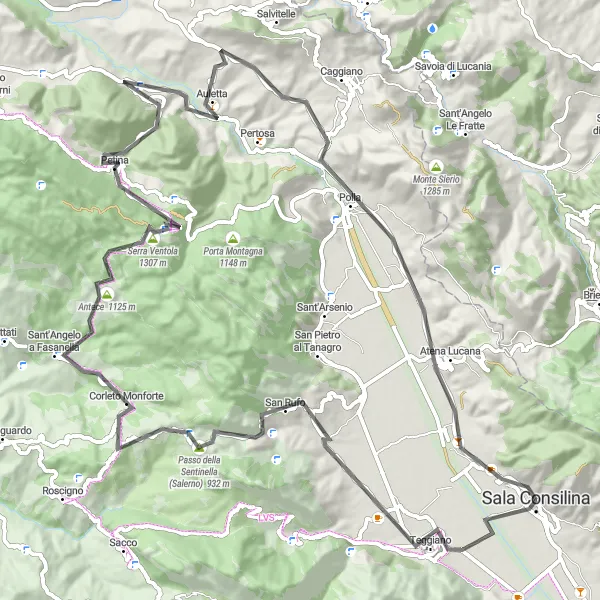 Miniatura della mappa di ispirazione al ciclismo "Esplorazione in Bicicletta tra i Borghi della Vallo di Diano" nella regione di Campania, Italy. Generata da Tarmacs.app, pianificatore di rotte ciclistiche