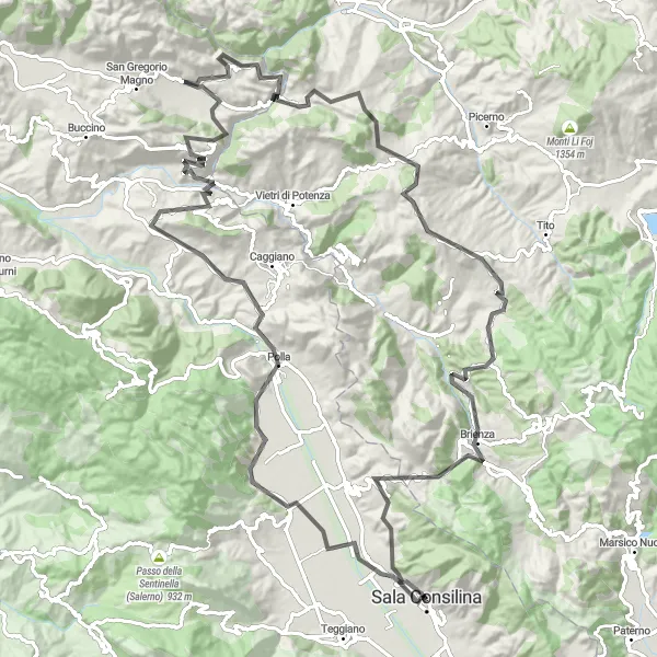 Miniatura della mappa di ispirazione al ciclismo "Tour in Bicicletta tra i Monti della Vallo di Diano" nella regione di Campania, Italy. Generata da Tarmacs.app, pianificatore di rotte ciclistiche