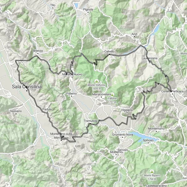 Miniatura della mappa di ispirazione al ciclismo "Giro in bici da Sala Consilina" nella regione di Campania, Italy. Generata da Tarmacs.app, pianificatore di rotte ciclistiche