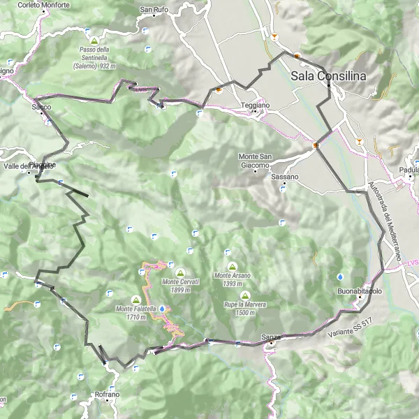 Map miniature of "Sala Consilina - Colle La Spina" cycling inspiration in Campania, Italy. Generated by Tarmacs.app cycling route planner