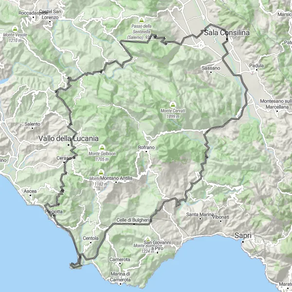 Miniatura della mappa di ispirazione al ciclismo "Avventura in Bicicletta nella Vallo di Diano" nella regione di Campania, Italy. Generata da Tarmacs.app, pianificatore di rotte ciclistiche