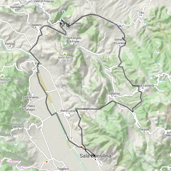 Miniatura della mappa di ispirazione al ciclismo "Giro in bicicletta da Sala Consilina" nella regione di Campania, Italy. Generata da Tarmacs.app, pianificatore di rotte ciclistiche