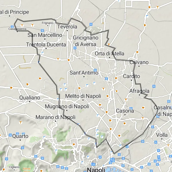 Miniatura della mappa di ispirazione al ciclismo "Tour tra le Meraviglie di Napoli Nord" nella regione di Campania, Italy. Generata da Tarmacs.app, pianificatore di rotte ciclistiche
