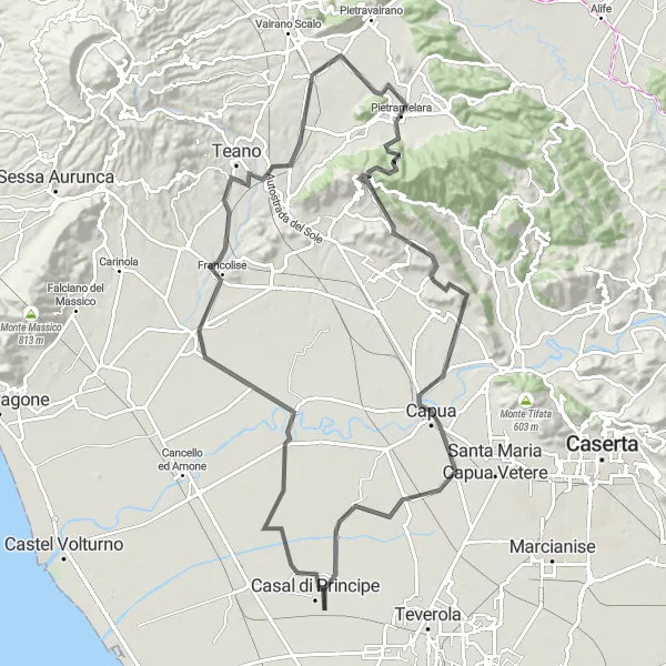Miniatura della mappa di ispirazione al ciclismo "Esplorazione ciclistica da San Cipriano d'Aversa a Giano Vetusto" nella regione di Campania, Italy. Generata da Tarmacs.app, pianificatore di rotte ciclistiche
