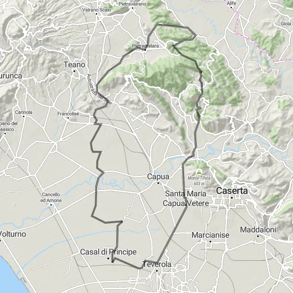 Miniatura della mappa di ispirazione al ciclismo "Giro in bicicletta da San Cipriano d'Aversa a Castel di Sasso" nella regione di Campania, Italy. Generata da Tarmacs.app, pianificatore di rotte ciclistiche