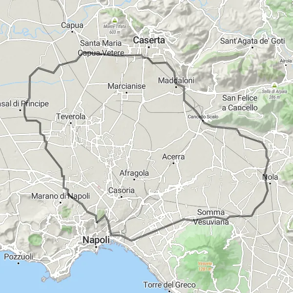 Miniatura della mappa di ispirazione al ciclismo "Passeggiata in bici da San Cipriano d'Aversa a Giugliano in Campania" nella regione di Campania, Italy. Generata da Tarmacs.app, pianificatore di rotte ciclistiche