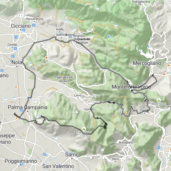 Map miniature of "The Majestic Volcano" cycling inspiration in Campania, Italy. Generated by Tarmacs.app cycling route planner