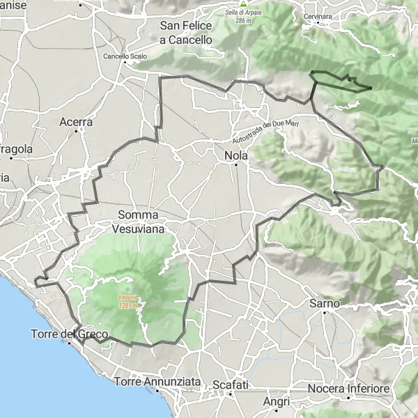 Miniatura della mappa di ispirazione al ciclismo "Giro in bicicletta con partenza vicino a San Giorgio a Cremano" nella regione di Campania, Italy. Generata da Tarmacs.app, pianificatore di rotte ciclistiche