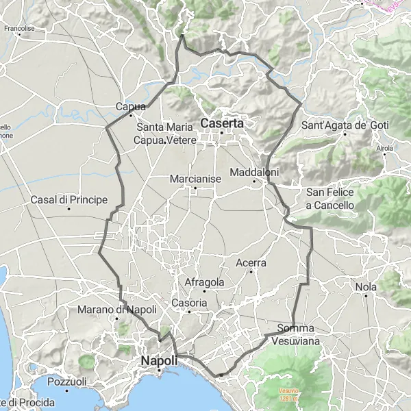 Miniatura della mappa di ispirazione al ciclismo "Scopri San Giorgio a Cremano e Oltre: Villaricca, Capua, Monte Castello" nella regione di Campania, Italy. Generata da Tarmacs.app, pianificatore di rotte ciclistiche