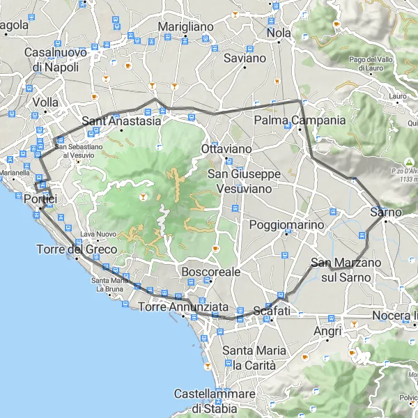 Miniatura della mappa di ispirazione al ciclismo "Passeggiata Panoramica in Bicicletta: Palma Campania, San Valentino Torio, Torre del Greco" nella regione di Campania, Italy. Generata da Tarmacs.app, pianificatore di rotte ciclistiche