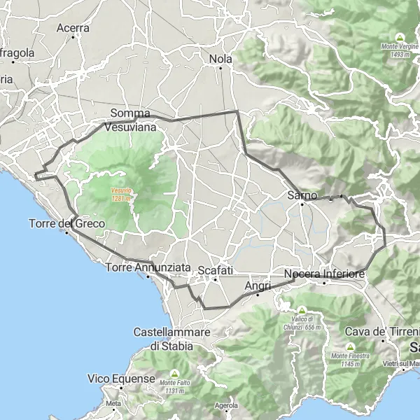 Miniatura della mappa di ispirazione al ciclismo "Sfida in Salita" nella regione di Campania, Italy. Generata da Tarmacs.app, pianificatore di rotte ciclistiche