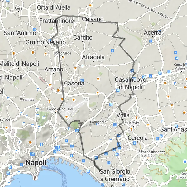 Miniatura della mappa di ispirazione al ciclismo "Tour in bicicletta tra Casavatore e Marianella" nella regione di Campania, Italy. Generata da Tarmacs.app, pianificatore di rotte ciclistiche