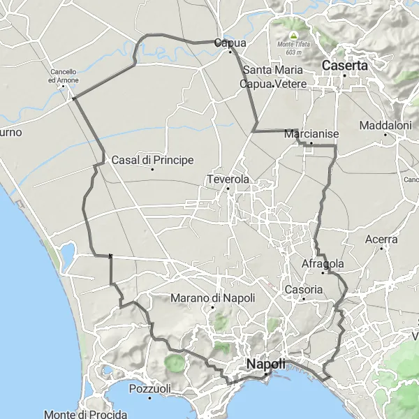 Map miniature of "Coast to Countryside Adventure" cycling inspiration in Campania, Italy. Generated by Tarmacs.app cycling route planner
