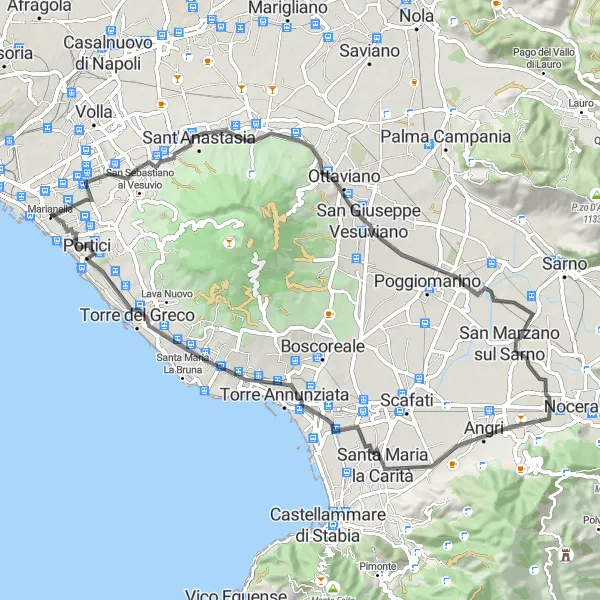 Miniatura della mappa di ispirazione al ciclismo "Percorso panoramico tra Pollena Trocchia e Portici" nella regione di Campania, Italy. Generata da Tarmacs.app, pianificatore di rotte ciclistiche