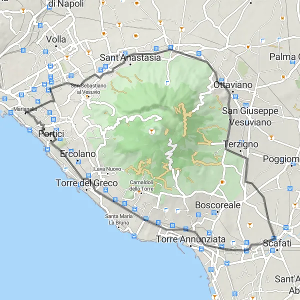 Miniatura della mappa di ispirazione al ciclismo "Giro in bici tra Pollena Trocchia e Portici" nella regione di Campania, Italy. Generata da Tarmacs.app, pianificatore di rotte ciclistiche