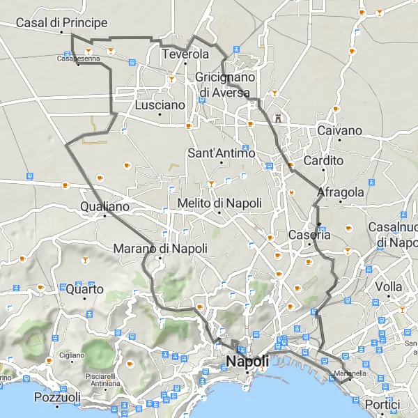 Miniatura della mappa di ispirazione al ciclismo "Raid ciclistico tra Torre La Brava e Succivo" nella regione di Campania, Italy. Generata da Tarmacs.app, pianificatore di rotte ciclistiche
