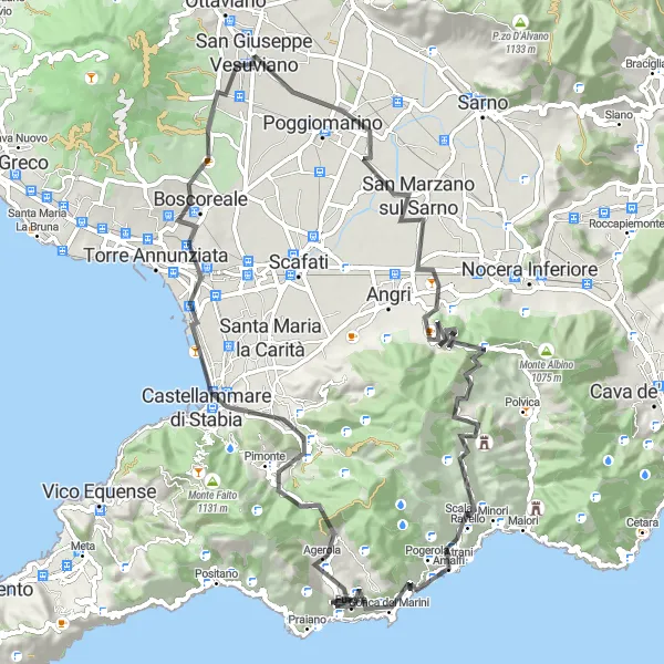 Miniatura della mappa di ispirazione al ciclismo "Giro in bicicletta da San Giuseppe Vesuviano ad Amalfi" nella regione di Campania, Italy. Generata da Tarmacs.app, pianificatore di rotte ciclistiche