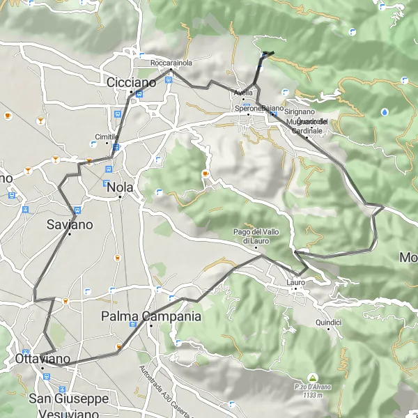 Miniatura della mappa di ispirazione al ciclismo "Tour ciclistico da San Gennaro Vesuviano a Saviano" nella regione di Campania, Italy. Generata da Tarmacs.app, pianificatore di rotte ciclistiche