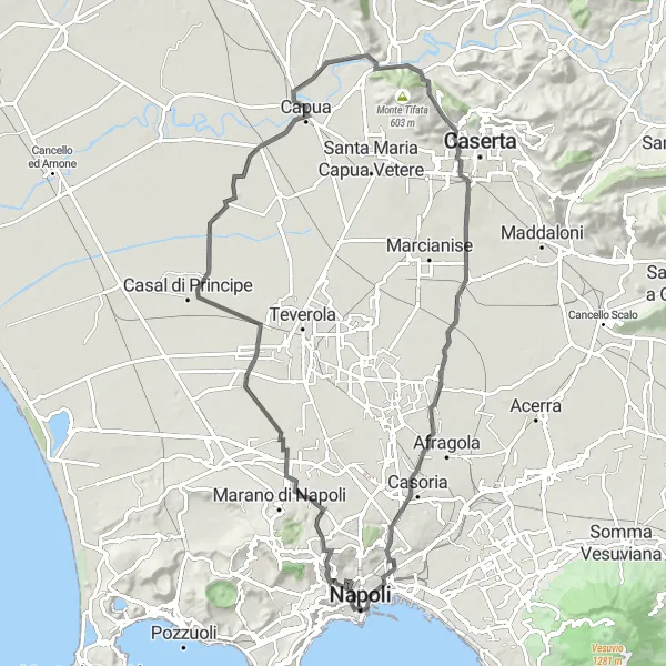 Map miniature of "Belvedere San Martino, Monte San Leucio, and Pendino Loop" cycling inspiration in Campania, Italy. Generated by Tarmacs.app cycling route planner