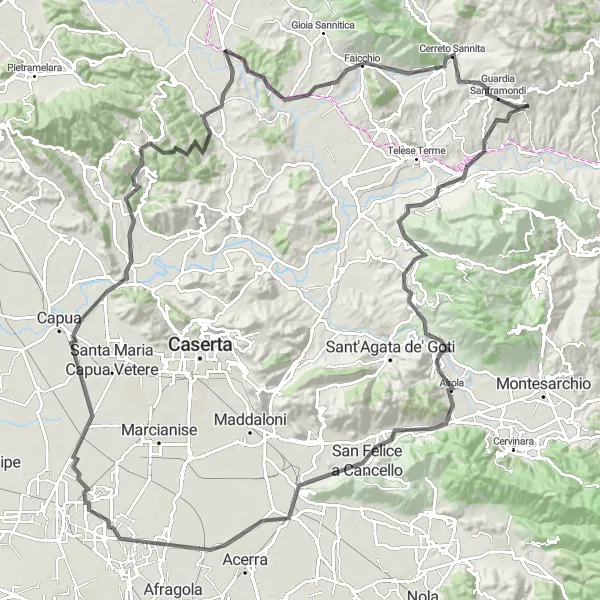 Map miniature of "San Lorenzo Maggiore - Loop of Ancient Villages" cycling inspiration in Campania, Italy. Generated by Tarmacs.app cycling route planner