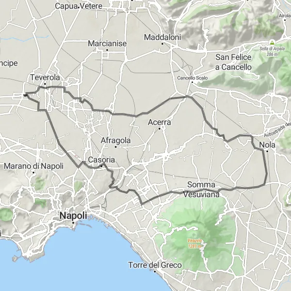 Map miniature of "Caivano to Trentola Ducenta via Cercola and Melito di Napoli" cycling inspiration in Campania, Italy. Generated by Tarmacs.app cycling route planner