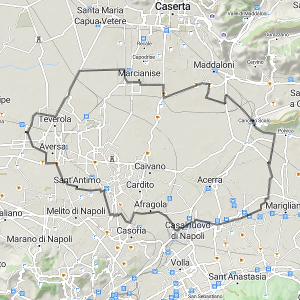 Map miniature of "Marcianise to Lusciano: Exploring the Ascent" cycling inspiration in Campania, Italy. Generated by Tarmacs.app cycling route planner