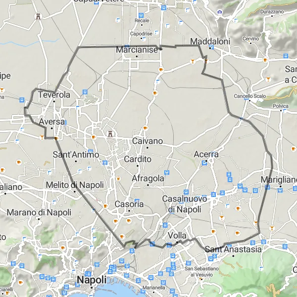 Miniatura della mappa di ispirazione al ciclismo "Giro in bici da San Marcellino a Lusciano e ritorno" nella regione di Campania, Italy. Generata da Tarmacs.app, pianificatore di rotte ciclistiche