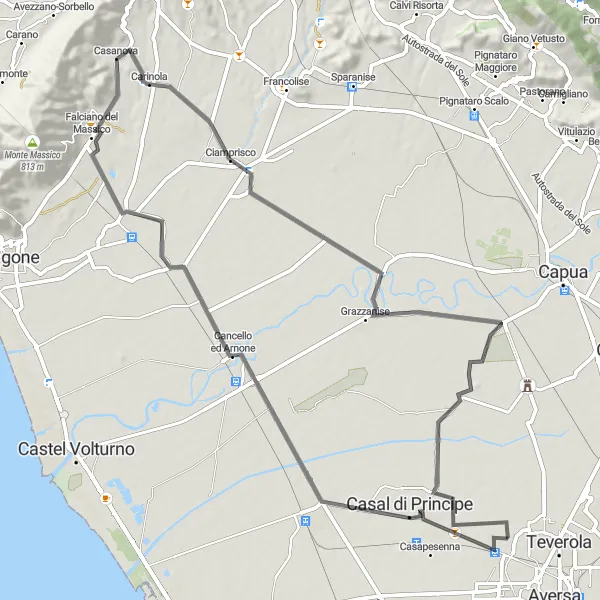 Map miniature of "Cancello ed Arnone to Frignano: Coastal Charm and Lovely Landscapes" cycling inspiration in Campania, Italy. Generated by Tarmacs.app cycling route planner
