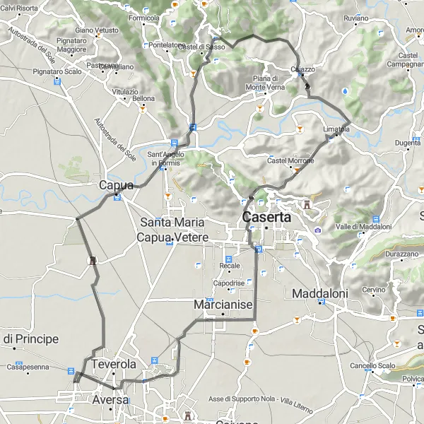 Map miniature of "Castello delle Pietre to Carinaro: Historic Splendor and Natural Beauty" cycling inspiration in Campania, Italy. Generated by Tarmacs.app cycling route planner