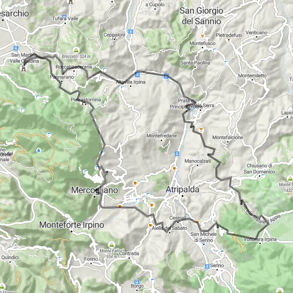 Miniatura della mappa di ispirazione al ciclismo "Percorso in bicicletta Volturara Irpina - Cornice" nella regione di Campania, Italy. Generata da Tarmacs.app, pianificatore di rotte ciclistiche