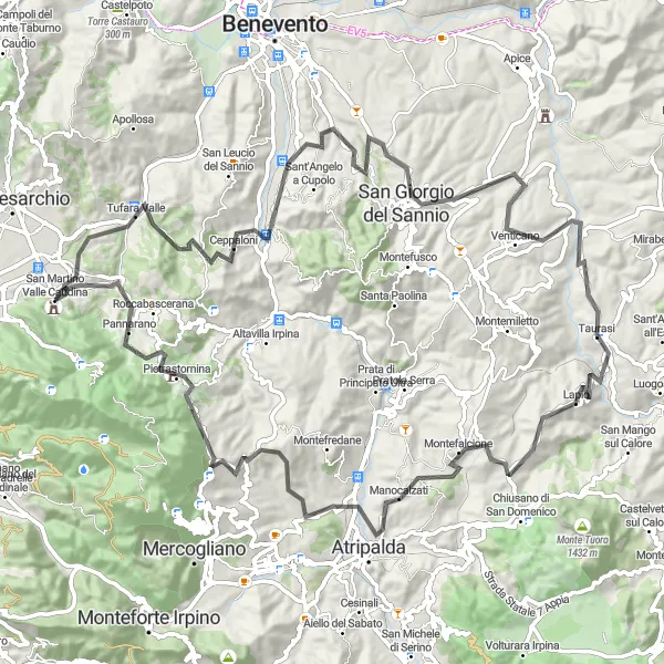 Miniatura della mappa di ispirazione al ciclismo "Il Giro delle Montagne Irpine" nella regione di Campania, Italy. Generata da Tarmacs.app, pianificatore di rotte ciclistiche