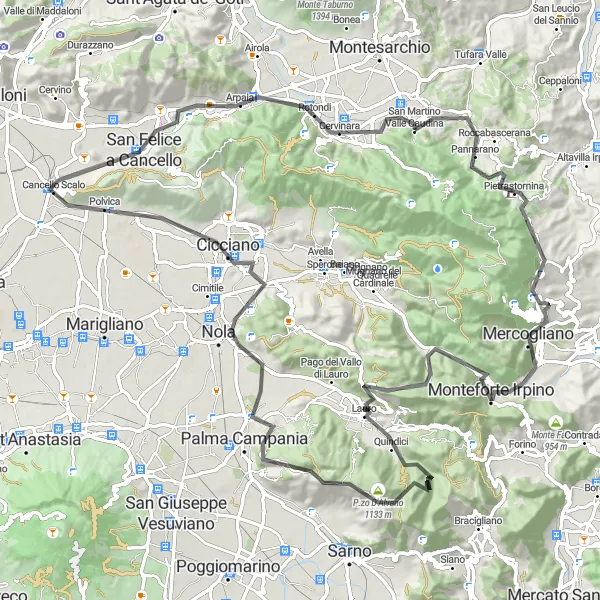 Map miniature of "Countryside Excursion from San Martino Valle Caudina" cycling inspiration in Campania, Italy. Generated by Tarmacs.app cycling route planner