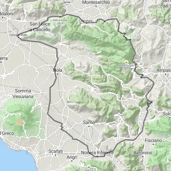 Map miniature of "Mountains and Valleys" cycling inspiration in Campania, Italy. Generated by Tarmacs.app cycling route planner