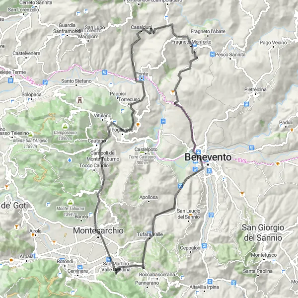Miniatura della mappa di ispirazione al ciclismo "Tour ciclistico tra Casalduni e San Martino Valle Caudina" nella regione di Campania, Italy. Generata da Tarmacs.app, pianificatore di rotte ciclistiche