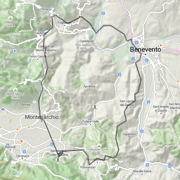 Miniatura della mappa di ispirazione al ciclismo "Giro in bicicletta Montesarchio - Cornice" nella regione di Campania, Italy. Generata da Tarmacs.app, pianificatore di rotte ciclistiche