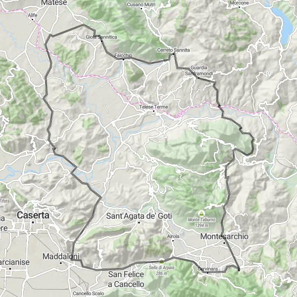 Map miniature of "High Peaks and Valleys Tour" cycling inspiration in Campania, Italy. Generated by Tarmacs.app cycling route planner