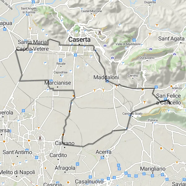 Miniatura della mappa di ispirazione al ciclismo "Rotta panoramica da San Tammaro a Marcianise" nella regione di Campania, Italy. Generata da Tarmacs.app, pianificatore di rotte ciclistiche