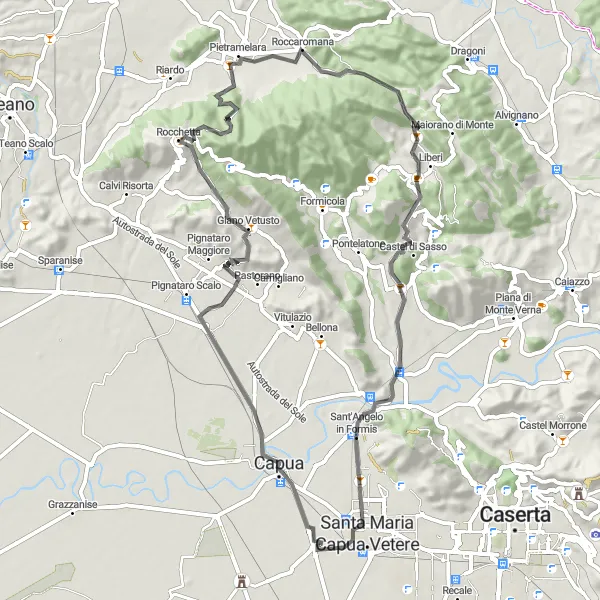 Miniatura della mappa di ispirazione al ciclismo "Giro in bicicletta attraverso la natura campana" nella regione di Campania, Italy. Generata da Tarmacs.app, pianificatore di rotte ciclistiche