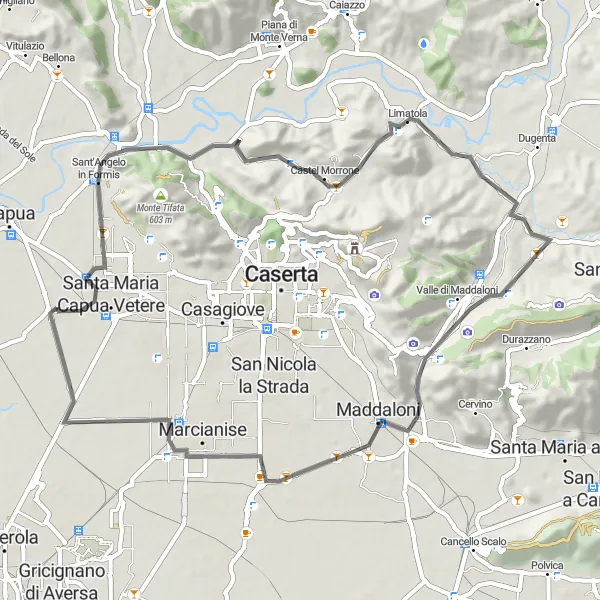 Miniatura della mappa di ispirazione al ciclismo "Tour in bicicletta verso Maddaloni" nella regione di Campania, Italy. Generata da Tarmacs.app, pianificatore di rotte ciclistiche