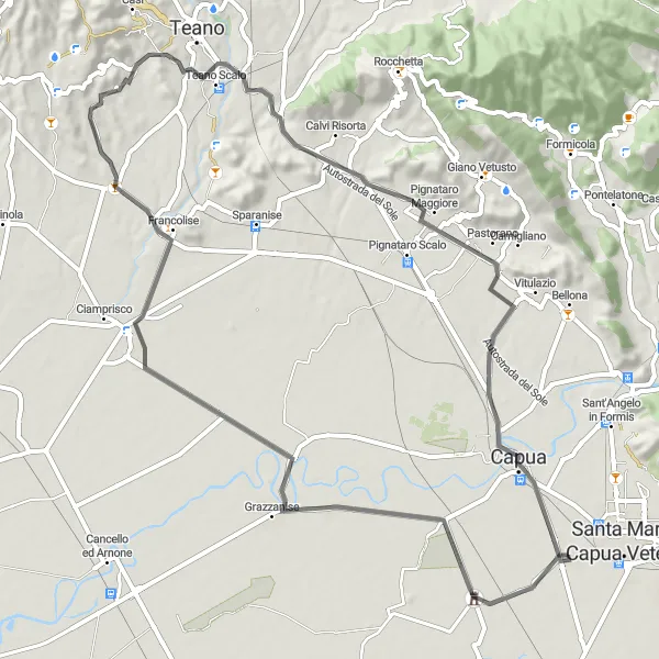 Miniatura della mappa di ispirazione al ciclismo "Avventura ciclistica tra San Tammaro e Ponte Romano" nella regione di Campania, Italy. Generata da Tarmacs.app, pianificatore di rotte ciclistiche