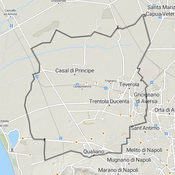 Miniatura della mappa di ispirazione al ciclismo "Giro in bicicletta tra Gricignano di Aversa e Reggia di Carditello" nella regione di Campania, Italy. Generata da Tarmacs.app, pianificatore di rotte ciclistiche