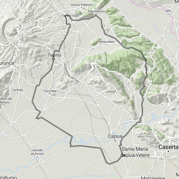 Map miniature of "San Tammaro to Teano and Sant'Angelo in Formis Route" cycling inspiration in Campania, Italy. Generated by Tarmacs.app cycling route planner
