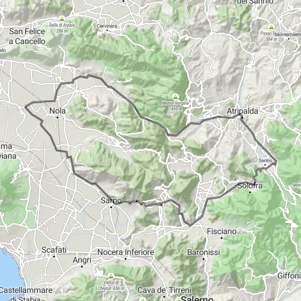 Map miniature of "Avellino and Siano Loop" cycling inspiration in Campania, Italy. Generated by Tarmacs.app cycling route planner