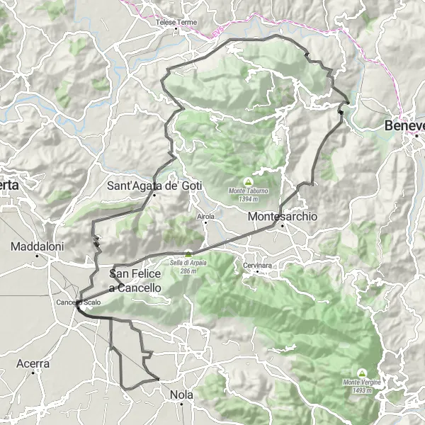 Map miniature of "Sant'Agata de' Goti and Arpaia Loop" cycling inspiration in Campania, Italy. Generated by Tarmacs.app cycling route planner