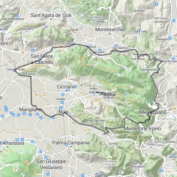Miniatura della mappa di ispirazione al ciclismo "Tour ciclistico tra Marigliano e Monte Faggeto" nella regione di Campania, Italy. Generata da Tarmacs.app, pianificatore di rotte ciclistiche