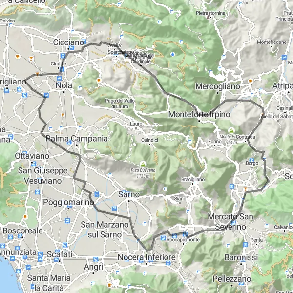 Miniatura della mappa di ispirazione al ciclismo "Tour panoramico di Contrada" nella regione di Campania, Italy. Generata da Tarmacs.app, pianificatore di rotte ciclistiche