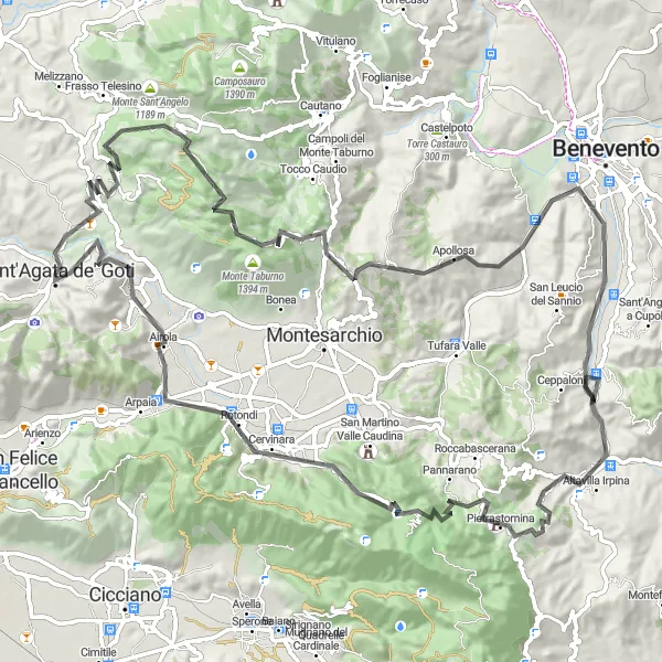 Miniatura della mappa di ispirazione al ciclismo "Circuito panoramico tra montagne e borghi" nella regione di Campania, Italy. Generata da Tarmacs.app, pianificatore di rotte ciclistiche