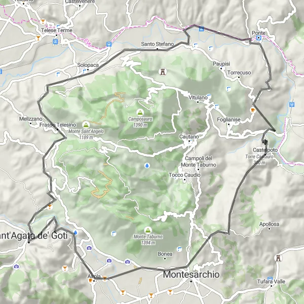 Map miniature of "Loop around Sant'Agata de'Goti" cycling inspiration in Campania, Italy. Generated by Tarmacs.app cycling route planner